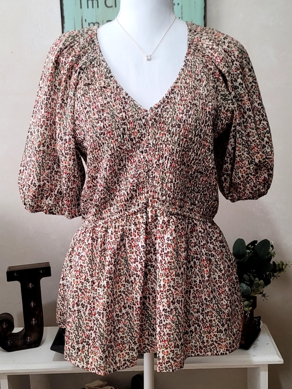 NEW Smocked V-Neck Peplum Floral Blouse